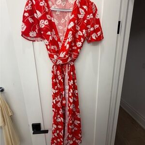 RIXO Red & White Floral Wrap Dress